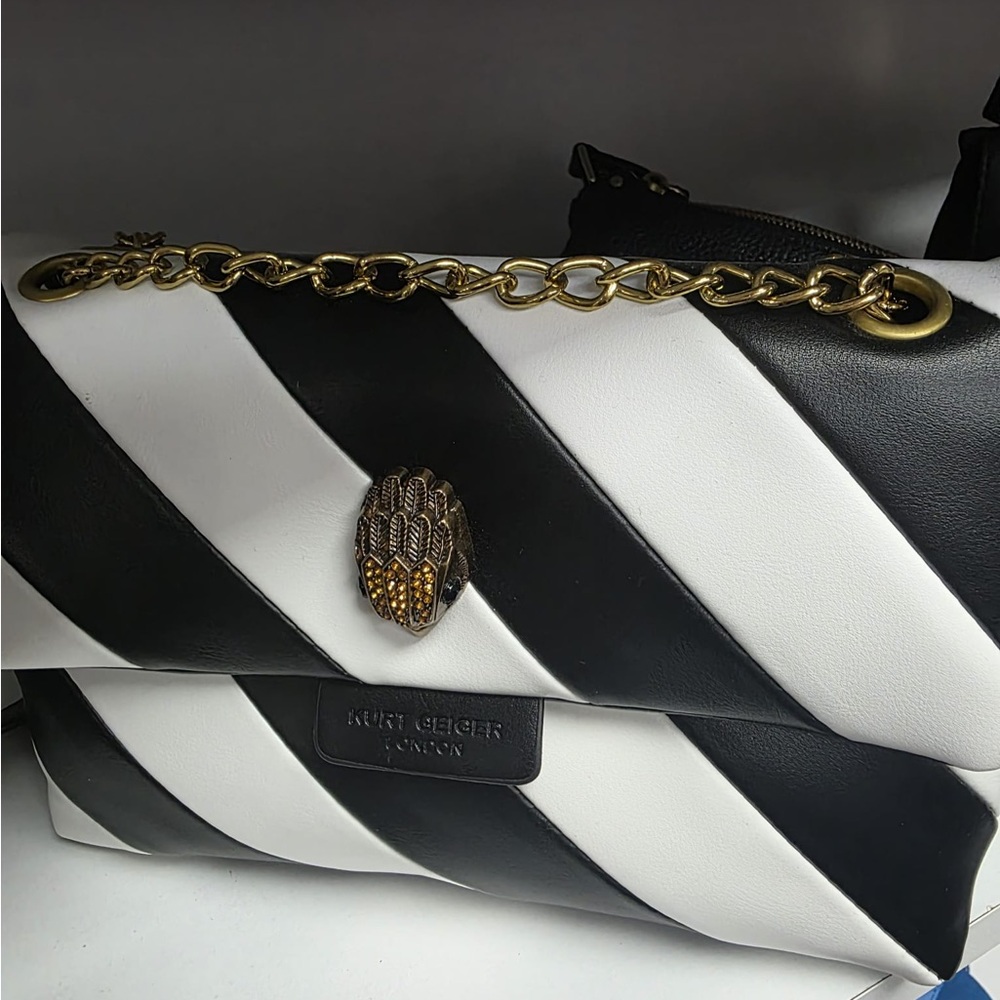Kurt Geiger Monochrome Striped Shoulder Bag with Gold Chain